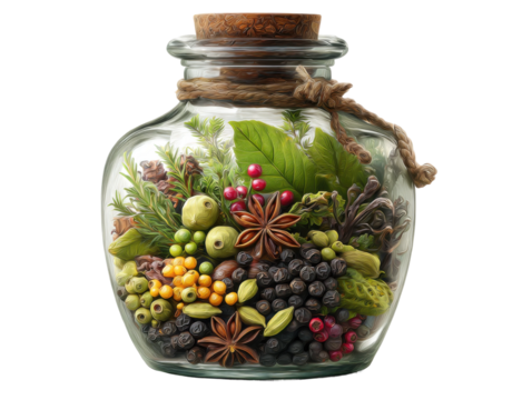 Herbal preservation techniques kitchen photography cozy close-up. Isolated on transparent background, png.