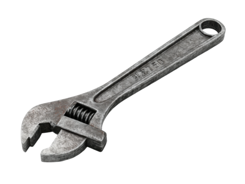 Adjustable wrench tools workshop metal equipment indoor close-up. Isolated on transparent background, png.