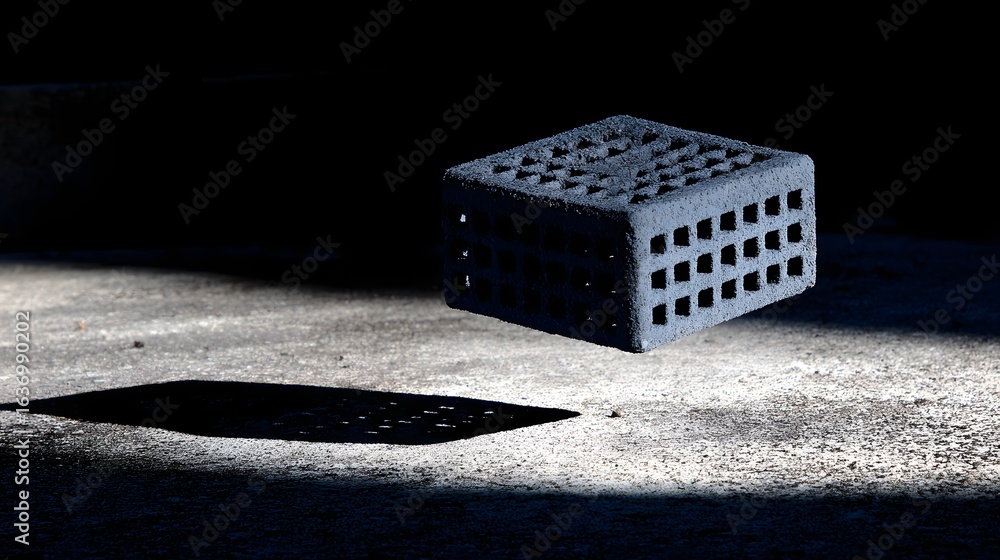 Poster dark gray cube with intricate lattice pattern floats in mid-air.