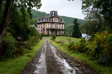 dirt road up a hill leading to a three story victorian mansion.