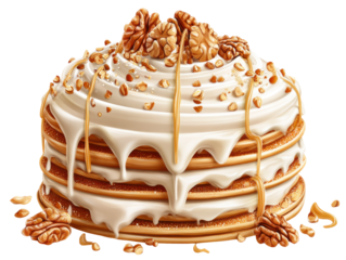 Delicious layered cake with nuts bright kitchen photography. Isolated on transparent background, png.