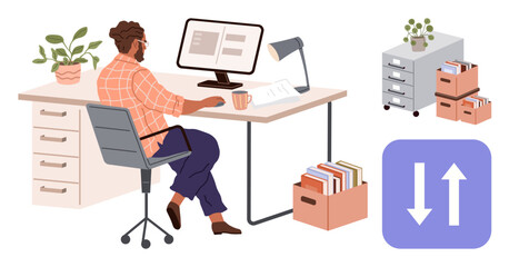 Man working at desk with monitor, lamp, and coffee mug. Nearby boxes, cabinets, and files symbolize multitasking, efficiency, workflow organization productivity time management. Simple flat