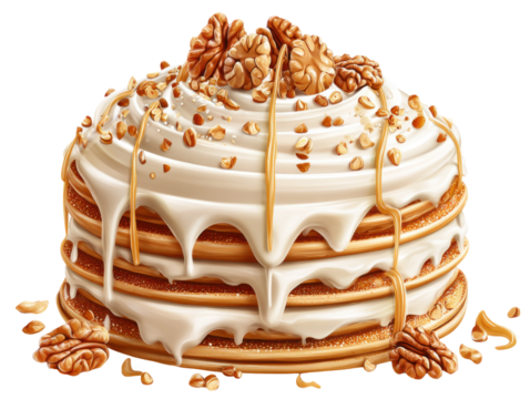 Delicious layered cake with nuts bright kitchen photography. Isolated on transparent background, png.