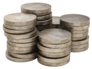 Stacked silver coins business setting digital assets indoor close-up. Isolated on transparent background, png.