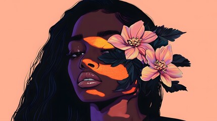 Stunning AI Art Portrait Black Woman Flowers Peach Background
