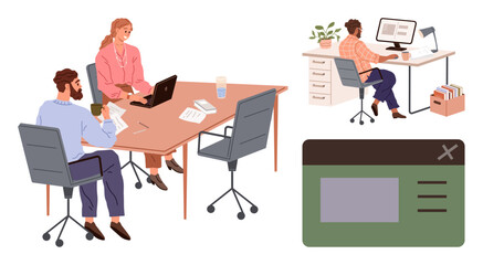 Business team discussing ideas at a table with a laptop, individual working remotely at a desk, and a simplified digital interface. Ideal for teamwork, remote work, productivity, business planning