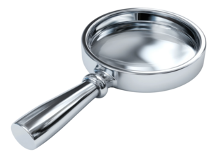 Inspecting details with a chrome magnifying glass in a studio setting. Isolated on transparent background, png.