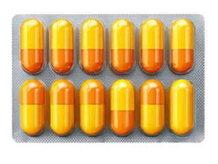 Close-up of health improvement capsules in pharmacy display. Isolated on transparent background, png.