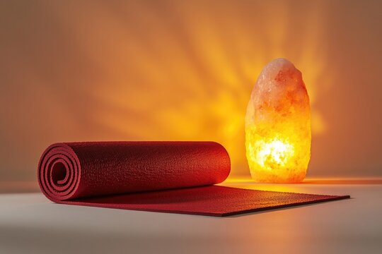 A red yoga mat placed next to a Himalayan salt lamp, creating a relaxing and warm ambiance for yoga practice.