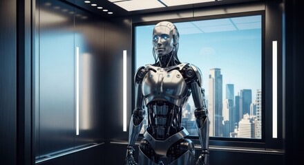 Naklejka premium Futuristic robot in an elevator, city view