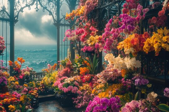 Fototapeta A beautiful view of the ocean seen through a greenhouse full of vibrant, colorful orchids and flowers.