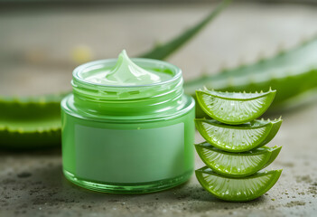 A close-up shot of an aloe vera gel bottle with fresh aloe vera slices, highlighting its natural and soothing properties.