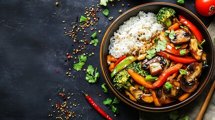 Delicious vegetable stir fry recipe with rice healthy eating vegan food asian cuisine and fresh ingredients