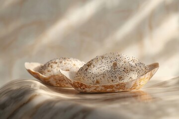 Fototapeta premium Two delectable homemade breads are arranged on a reflective surface, illuminated by soft, natural light with a beige background.