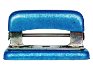 Creating engaging office supplies blue paper punch workspace image. Isolated on transparent background, png.