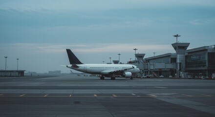 Fototapeta premium White passenger plane parked at terminal gate on airport tarmac. Travel and transportation concept. Global journey and business trip.