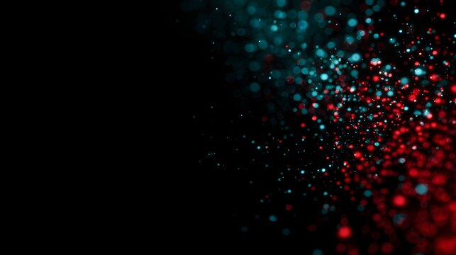 Abstract design with vibrant teal and red particles against a black background.
