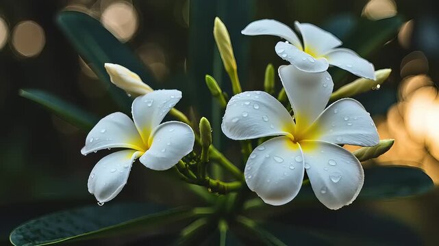 Pristine frangipani blossoms glisten with raindrops in lush natural setting