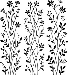 Meadow wild herbs Herbaceous plants. Elegant Floral Collection Hand Drawn Botanical. Flower illustration Doodle. Line art flowers and Buds Drawing Outline, grasses, stems, leaves 