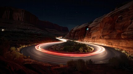 Curvy road illuminated by vehicle lights in a foggy landscape with a solitary tree at night