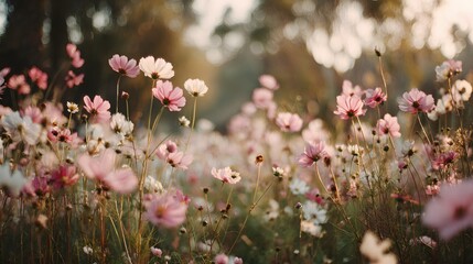 A field of delicate pink and white cosmos flowers in soft sunlight.