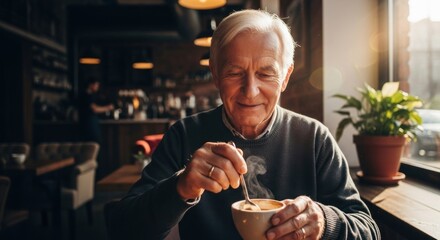 Senior man enjoying coffee in a cafe.  Sunlight streams in, highlighting his smile as he sips