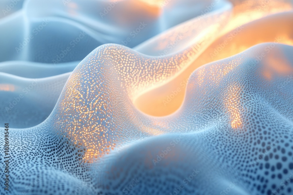 Poster abstract flowing blue and orange surface with intricate dotted pattern illuminated with soft lightin