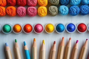 A vibrant collection of yarn balls, colorful paints, and pencils, neatly arranged, showcasing a spectrum of creative arts materials.