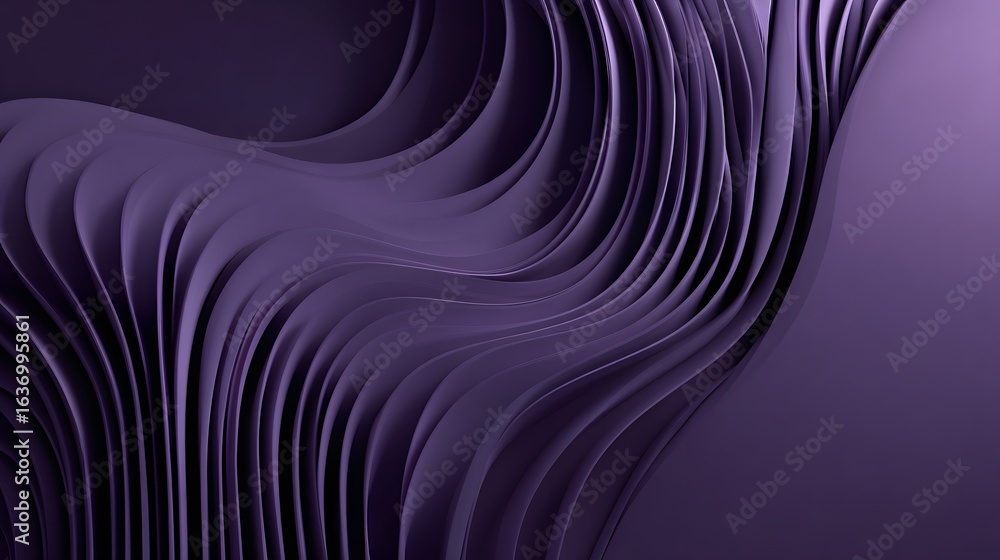 Poster abstract design of undulating, layered forms in deep purple.