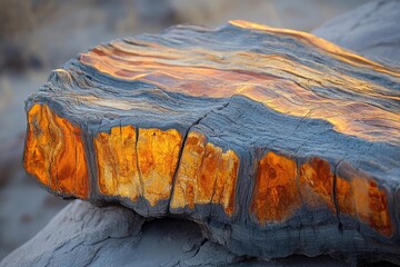 Close-up of petrified wood with golden interior, showcasing the texture and mineral deposits under soft sunlight.