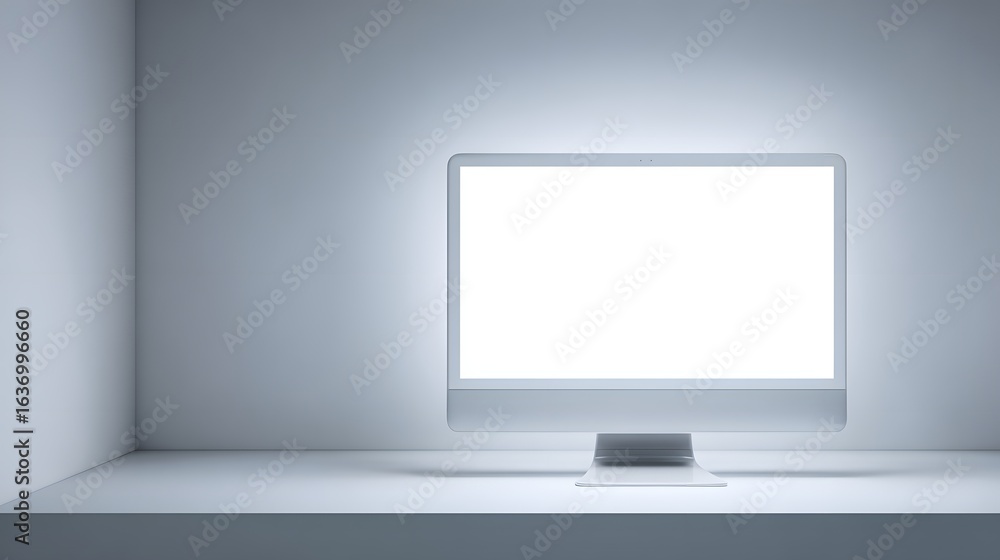 Poster a modern computer monitor illuminated in a minimalist setting.