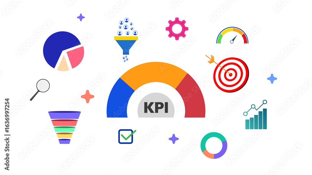 Poster key performance indicator with colorful shapes floating, modern design. dartboard, target, goal, sta