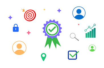 International certification concept badge design with floating shapes around it, infographics png design