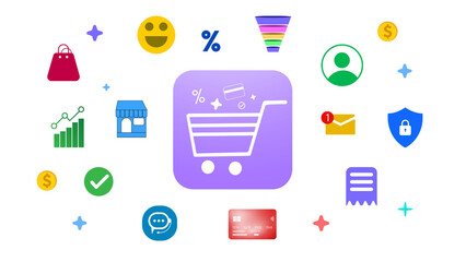 E-commerce and online shopping concept design with multiple infographics floating around the symbol, png.