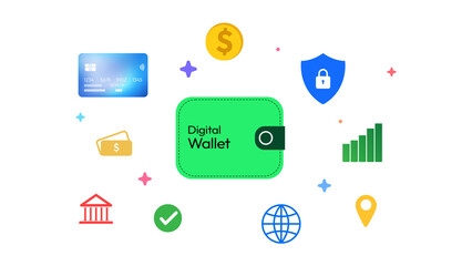 Digital wallet concept with globe and card floating shapes, online banking, digital, secure, png.