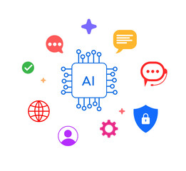 Artificial intelligence chip in the center with multiple infographics floating around, png.