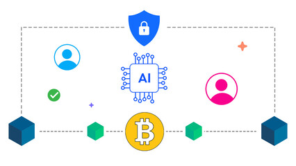 Artificial intelligence assisting in the crypto and blockchain concept with floating shapes