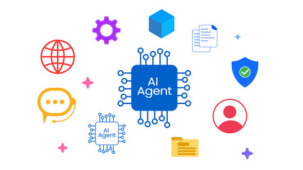 Ai agent chip in the center connected with globe and other colorful infographics, png.