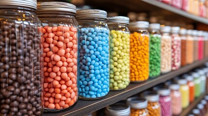 Assorted colorful candies in glass jars lined up on shelf. Sweet shop interior showcasing variety of flavors. Celebration of sweetness for National Gumdrop Day