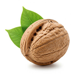 Fototapeta premium A single, intricately shelled walnut, its textured, ridged surface in sharp focus, accompanied by a few delicate green leaves copy
