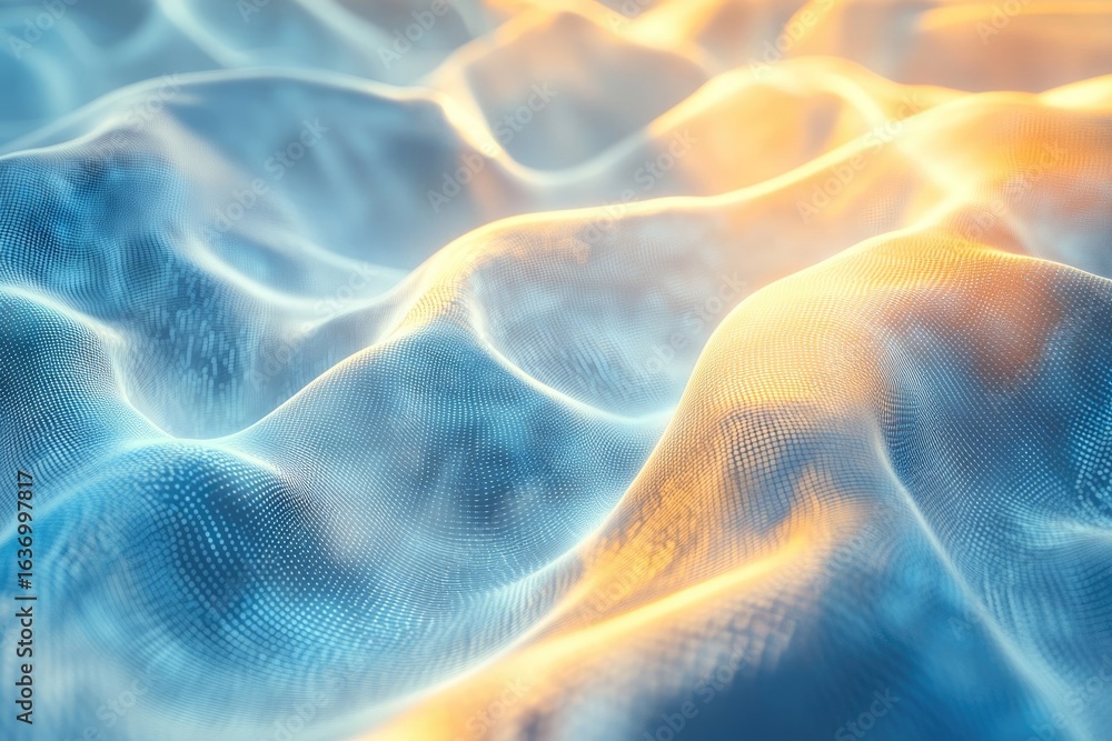 Poster abstract digital landscape with soft blue and warm yellow hues, featuring undulating, mesh-like surf