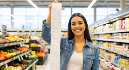 Woman in supermarket with long receipt