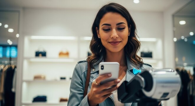 Woman in store using smartphone near POS terminal