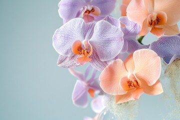 A captivating close-up of elegant peach and purple orchids on a soft blue background, exuding grace and serenity.