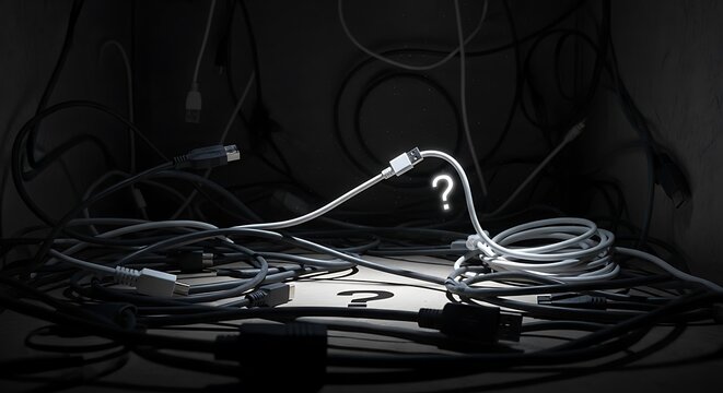 A tangled mess of computer cables and cords illuminated by a spotlight, with question marks suggesting confusion and uncertainty.