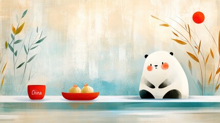 Charming illustration featuring cute panda sitting beside plate of baozi and cup labeled China