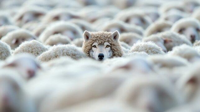 Hiding wolf in sheep herd. "A wolf in sheep's clothing". Representing camouflage, mafia, secret agent, deceptiveness, Aesop.