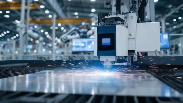 A laser cutter slices through thick steel with intense sparks, coordinated by advanced robotic systems in a high-tech industrial setting.