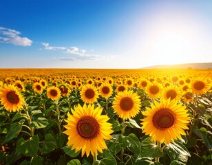 Fototapeta premium Vibrant Field of Sunflowers Under a Blue Sky with Fluffy White Clouds