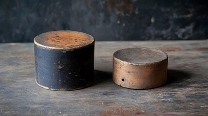 Naklejka premium Vintage Wooden Cylinders Display Rustic Texture Background